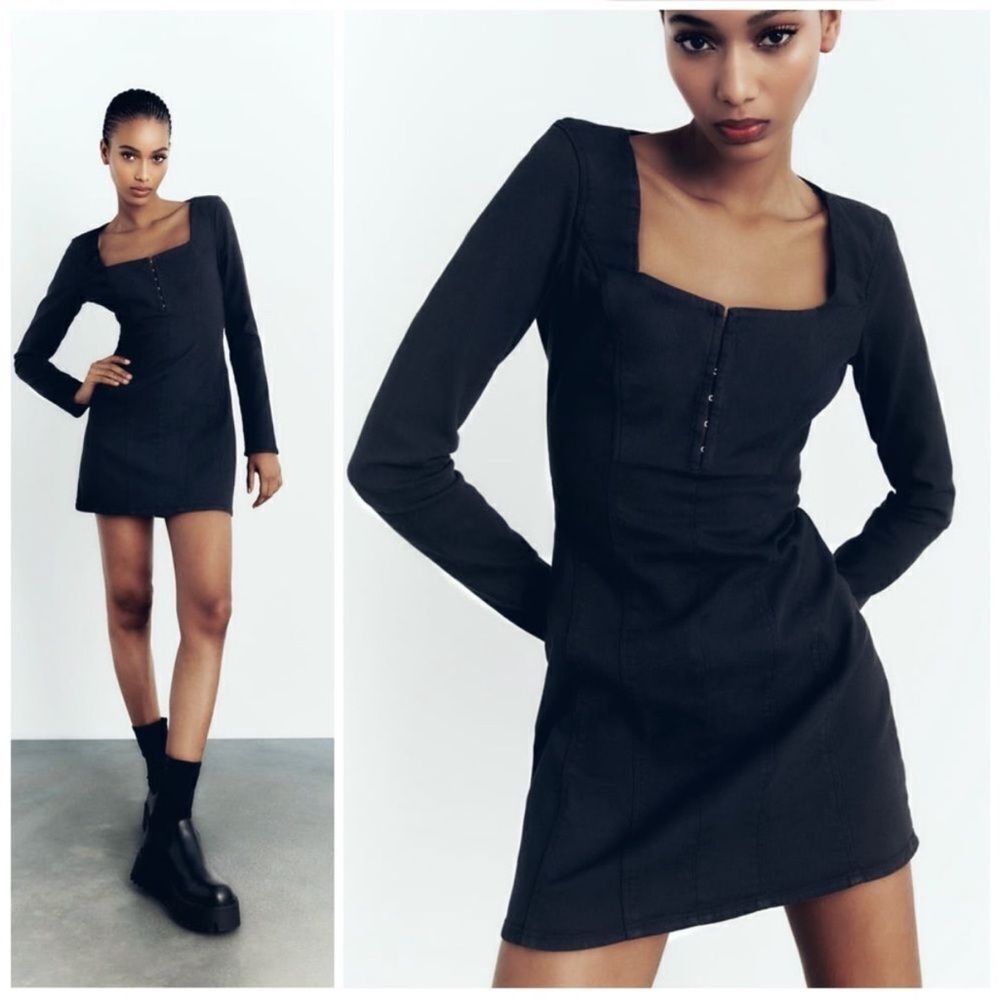 $79 NWOT ZARA black corset sweetheart denim long sleeve dress S
